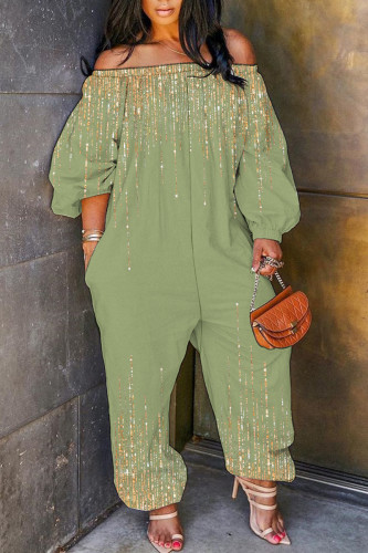 Light Army Green Casual Print Basic Off Shoulder Regular Jumpsuits