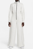 Black Elegant Solid Patchwork Pocket Zipper Turndown Collar Loose Jumpsuits