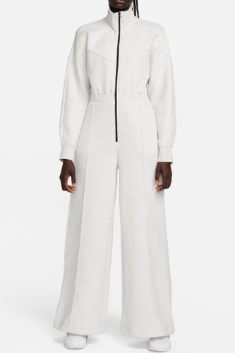 White Elegant Solid Patchwork Pocket Zipper Turndown Collar Loose Jumpsuits