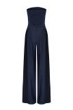 Navy Blue Casual Solid Color Pocket Patchwork Backless Strapless Loose Jumpsuits