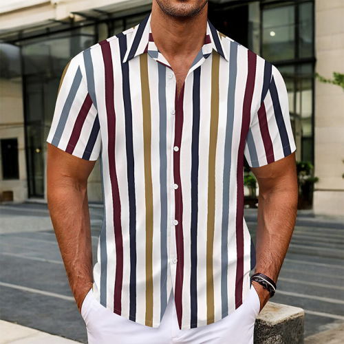 Stripe Casual Geometric Print Buttons Contrast Turndown Collar Tops