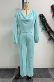 Light Blue Casual Solid Color Basic V Neck Regular Jumpsuits