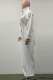 Black Elegant Solid Patchwork Pocket Zipper Turndown Collar Loose Jumpsuits
