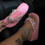 Pink Casual Daily Patchwork Rhinestone Decor Round Comfortable Wedges Shoes (This Size Is Smaller)