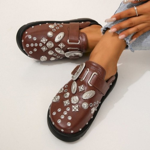 Dark Brown Casual Rivets Patchwork Round Flats Shoes