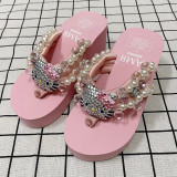 Pink Casual Daily Patchwork Rhinestone Decor Round Comfortable Wedges Shoes (This Size Is Smaller)