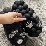 Black Casual Hollow Out Rhinestone Decor Round Comfortable Shoes