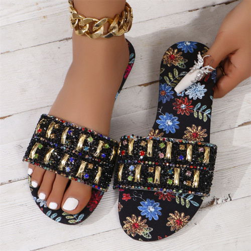 Black Casual Daily Rhinestone Decor Patchwork Round Comfortable Out Door Shoes