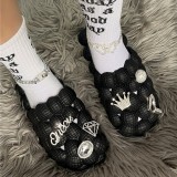 Black Casual Hollow Out Rhinestone Decor Round Comfortable Shoes