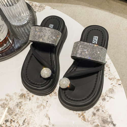 Black Casual Rhinestone Decor Round Comfortable Out Door Wedges Shoes