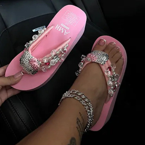 Pink Casual Daily Patchwork Rhinestone Decor Round Comfortable Wedges Shoes (This Size Is Smaller)