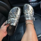 Dark Brown Casual Rivets Patchwork Round Flats Shoes