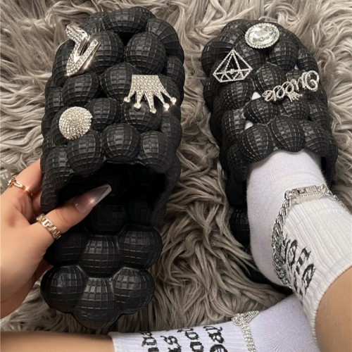 Black Casual Hollow Out Rhinestone Decor Round Comfortable Shoes