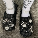 Black Casual Hollow Out Rhinestone Decor Round Comfortable Shoes