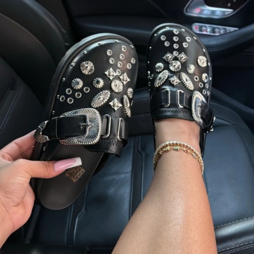 Black Casual Rivets Patchwork Round Flats Shoes
