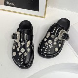 Dark Brown Casual Rivets Patchwork Round Flats Shoes