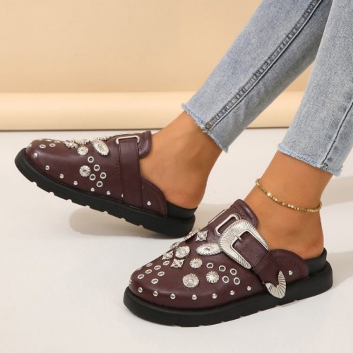 Burgundy Casual Rivets Patchwork Round Flats Shoes