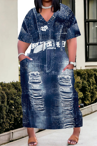 Deep Blue Casual Faux Denim Print Distressed Pocket Contrast V Neck Printed Plus Size Dresses