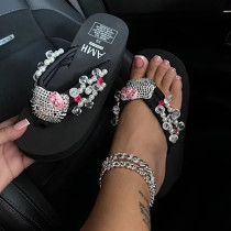 Black Casual Daily Patchwork Rhinestone Decor Round Comfortable Wedges Shoes (This Size Is Smaller)