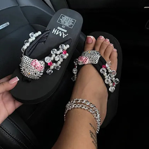 Black Casual Daily Patchwork Rhinestone Decor Round Comfortable Wedges Shoes (This Size Is Smaller)