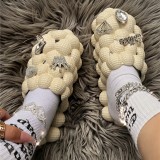 Black Casual Hollow Out Rhinestone Decor Round Comfortable Shoes