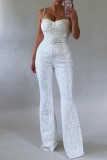 White Casual Solid Color Sequins With Belt Spaghetti Strap Jumpsuits