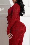 Red Sexy Hot Solid Color Lace Belted Long Sleeve Two Pieces