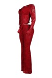 Red Sexy Hot Solid Color Lace Belted Long Sleeve Two Pieces