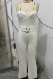 White Casual Solid Color Sequins With Belt Spaghetti Strap Jumpsuits
