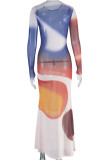 Colour Elegant Print Patchwork O Neck Long Dresses
