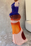Colour Elegant Print Patchwork O Neck Long Dresses