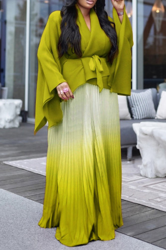 Green Yellow Ombre Kimono Sleeve Top and Pleated Maxi Skirt Open Front with Tie Wedding Guest Two Piede Dress Set