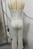 White Casual Solid Color Sequins With Belt Spaghetti Strap Jumpsuits