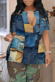 Blue Khaki Casual Faux Denim Print Slit V Neck T-Shirts