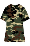 Grey Casual Camouflage Print Slit Contrast V Neck T-Shirts