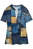 Blue Khaki Casual Faux Denim Print Slit V Neck T-Shirts