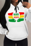 White Casual Letter Print Draw String Pocket Hooded Tops