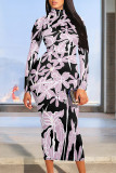 Blue Elegant Geometric Print Flowers Contrast Turtleneck Printed Dresses