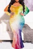 Pale Red Casual Print Patchwork O Neck Long Plus Size Dresses