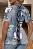 Blue Khaki Casual Faux Denim Print Slit V Neck T-Shirts
