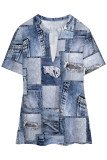 Blue Khaki Casual Faux Denim Print Slit V Neck T-Shirts
