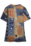 Blue Khaki Casual Faux Denim Print Slit V Neck T-Shirts
