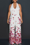 Burgundy Casual Plaid Polka Dot Heart Shaped Print Pocket Backless Halter Loose Jumpsuits