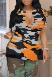 Grey Casual Camouflage Print Slit Contrast V Neck T-Shirts