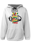 White Casual Letter Print Draw String Pocket Hooded Tops