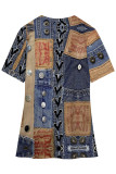 Blue Khaki Casual Faux Denim Print Slit V Neck T-Shirts
