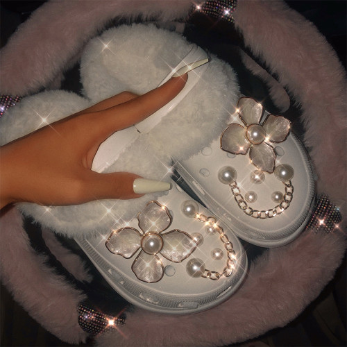 White Daily Pearls Decor Butterfly Closed Comfortable Shoes