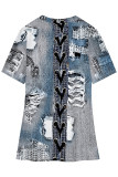 Blue Khaki Casual Faux Denim Print Slit V Neck T-Shirts