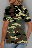 Grey Casual Camouflage Print Slit Contrast V Neck T-Shirts