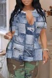 Blue Khaki Casual Faux Denim Print Slit V Neck T-Shirts